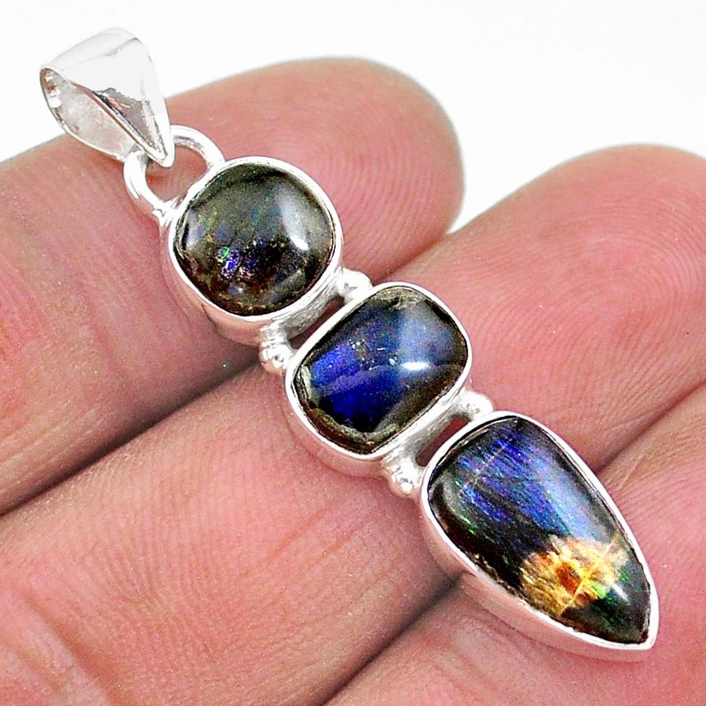 10.25cts natural multi color ammolite (canadian) 925 silver pendant t18918