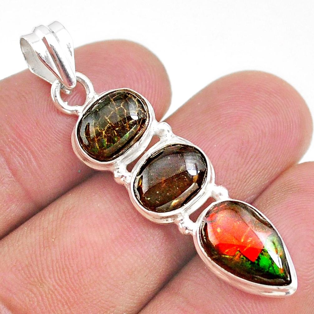 9.86cts natural multi color ammolite (canadian) 925 silver pendant t34850