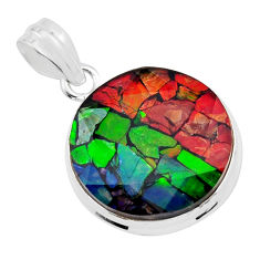 15.55cts natural multi color ammolite (canadian) round 925 silver pendant y42363