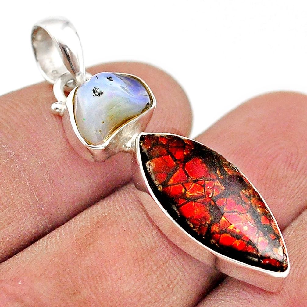 9.87cts natural multi color ammolite ethiopian opal rough silver pendant t70243