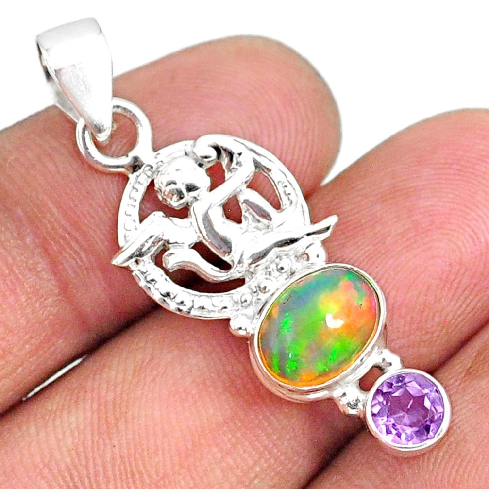 4.07cts natural multi color ethiopian opal 925 silver angel pendant r75471