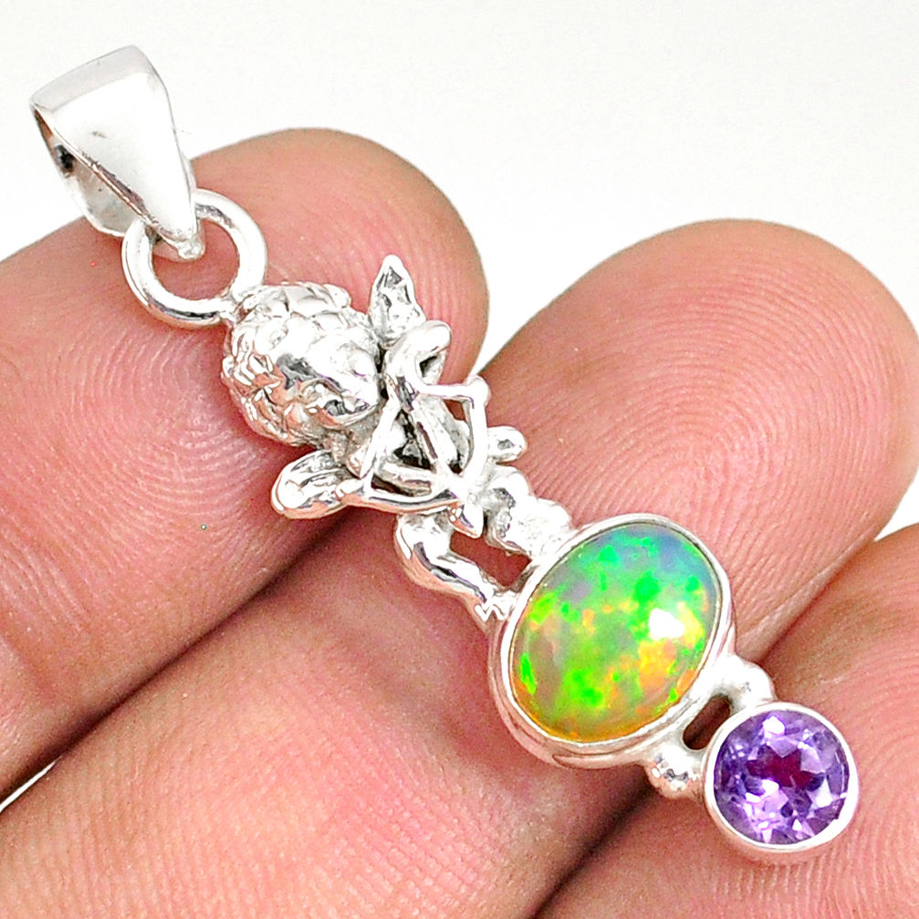 3.48cts natural multi color ethiopian opal 925 silver angel pendant r76507