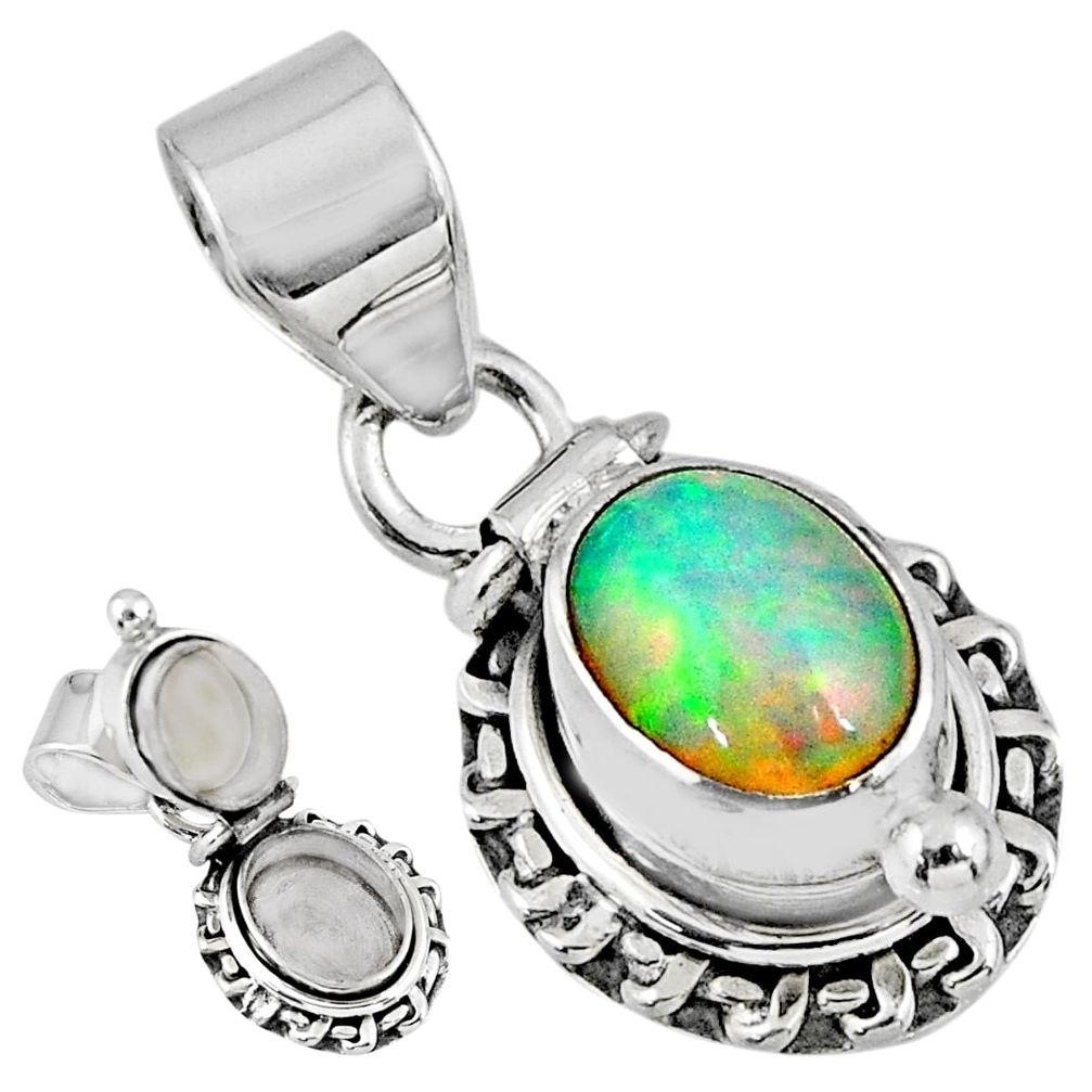 3.10cts natural multi color ethiopian opal 925 silver poison box pendant r55594