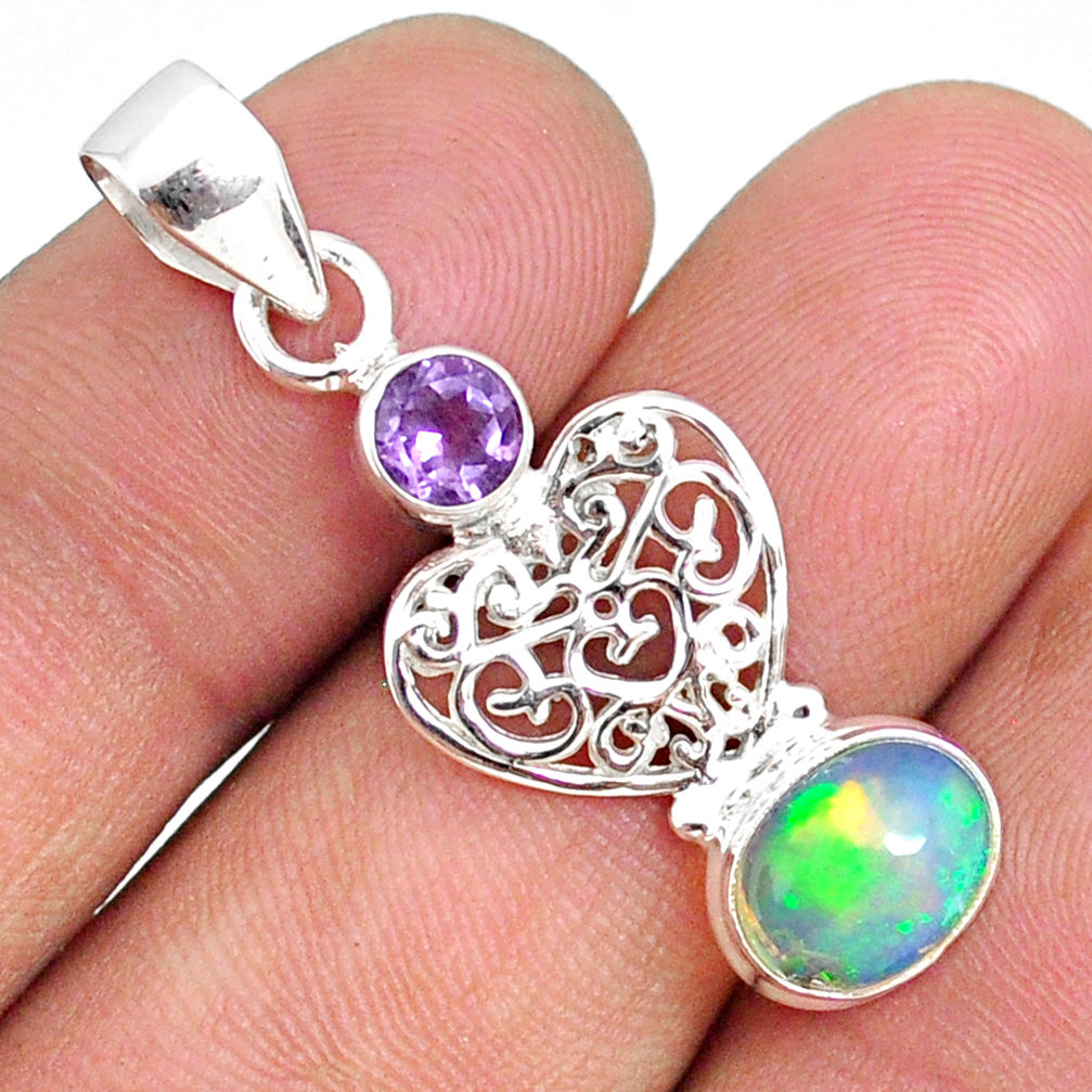 3.82cts natural multi color ethiopian opal amethyst 925 silver pendant r75470