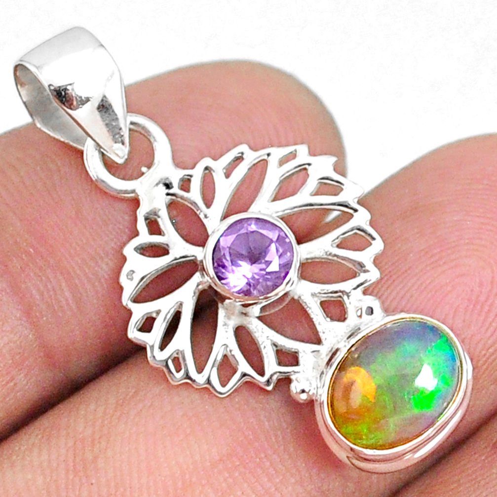 3.80cts natural multi color ethiopian opal amethyst 925 silver pendant r75474