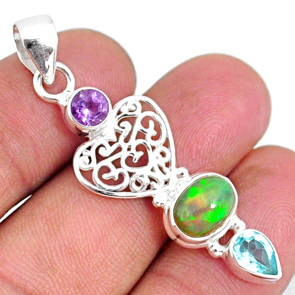 5.24cts natural multi color ethiopian opal amethyst topaz silver pendant r75462