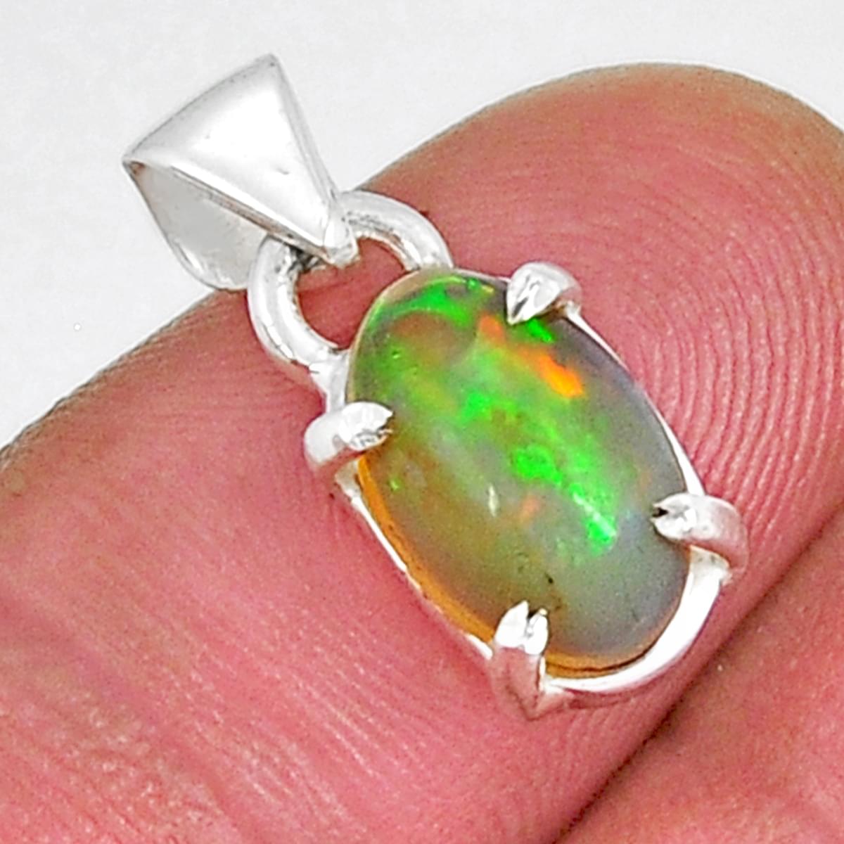 Natural Multi Color Ethiopian Opal Oval Sterling Silver Pendant Y Gemexi