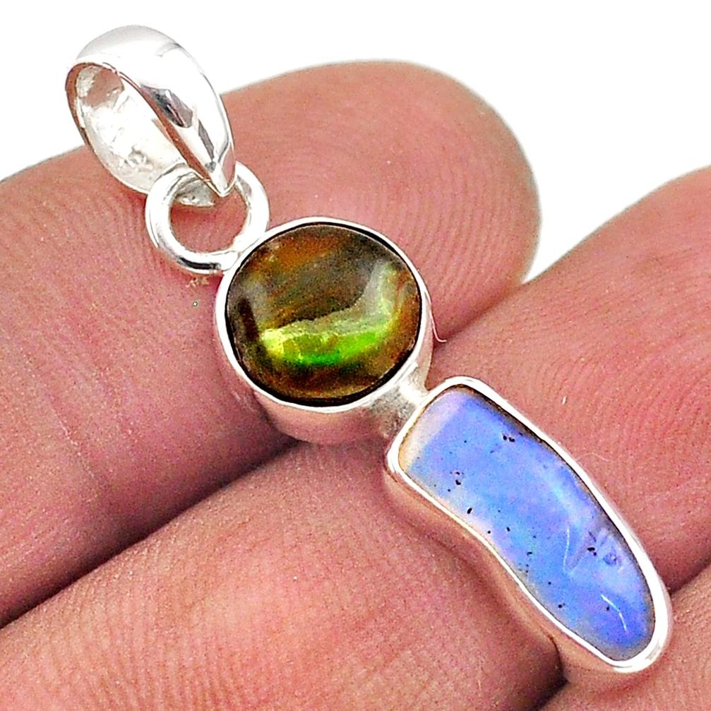 6.36cts natural multi color ethiopian opal rough ammolite silver pendant t70201