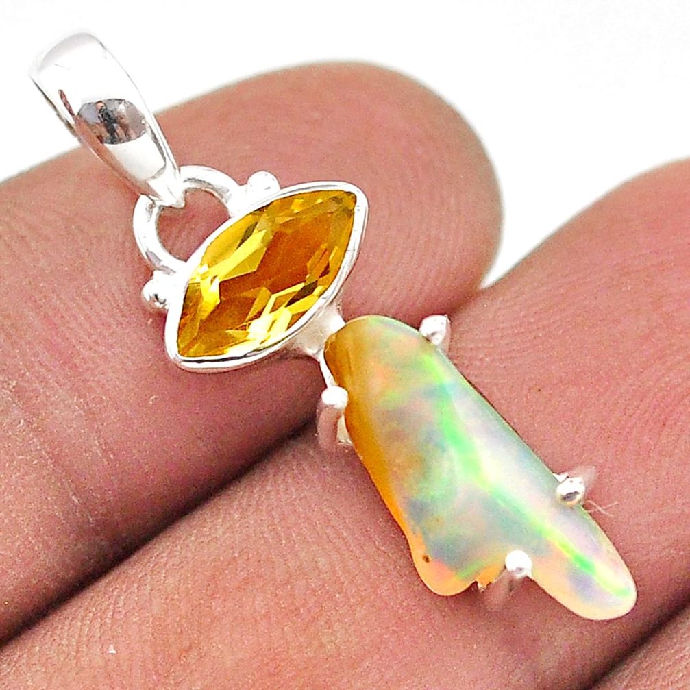 6.36cts natural multi color ethiopian opal rough citrine silver pendant t70108