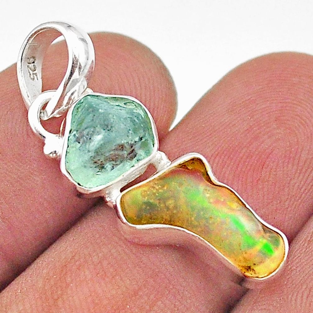 8.00cts natural multi color ethiopian opal rough fancy 925 silver pendant t70163