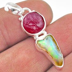 8.83cts natural multi color ethiopian opal ruby rough 925 silver pendant t70169
