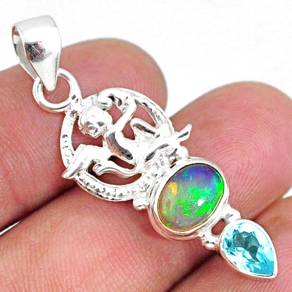 4.64cts natural multi color ethiopian opal topaz 925 silver angel pendant r75465