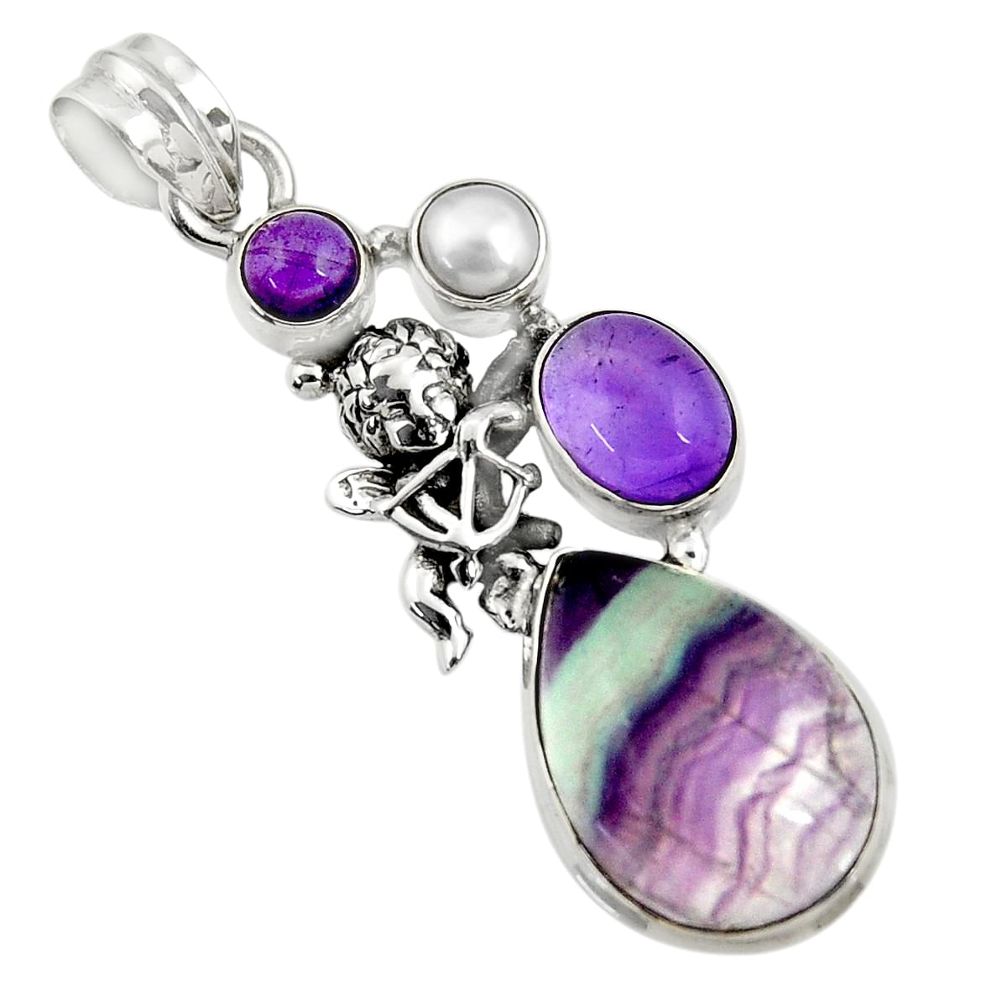 19.48cts natural multi color fluorite silver angel wings fairy pendant d43740