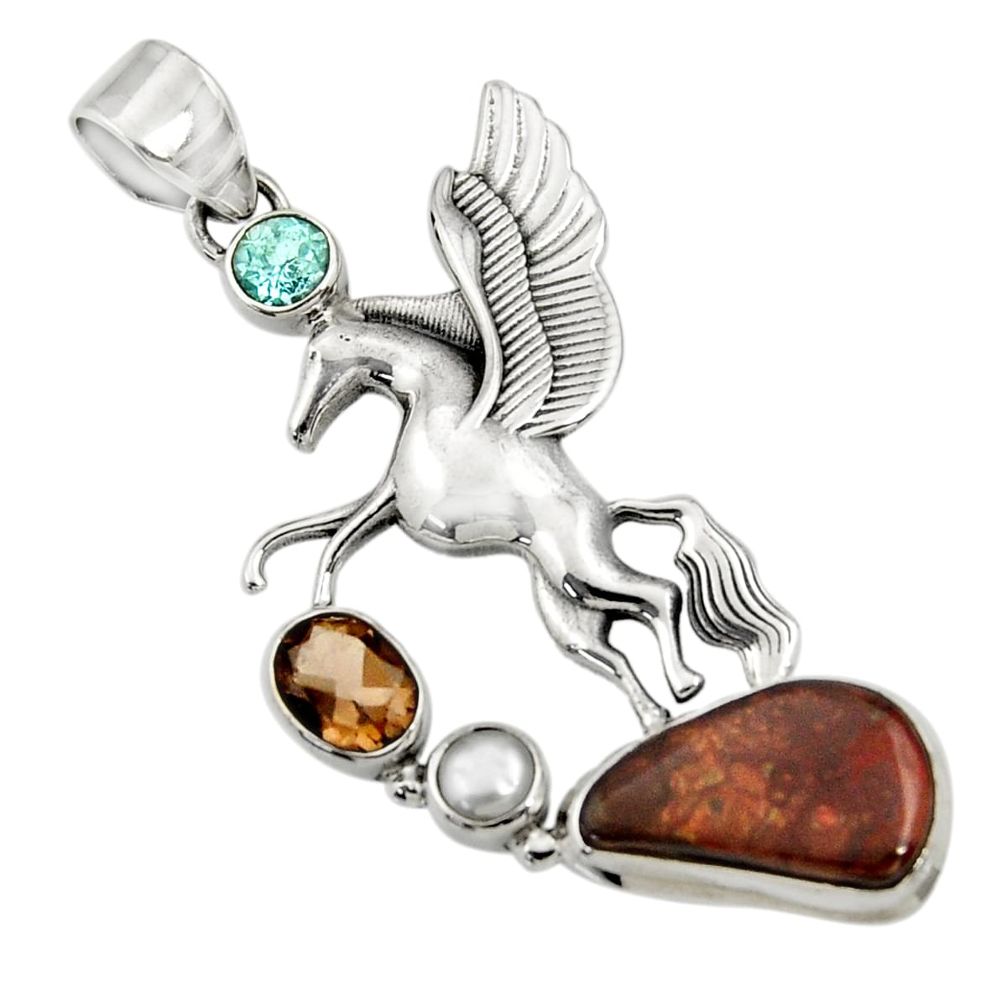 13.62cts natural multi color mexican fire agate silver unicorn pendant d43487