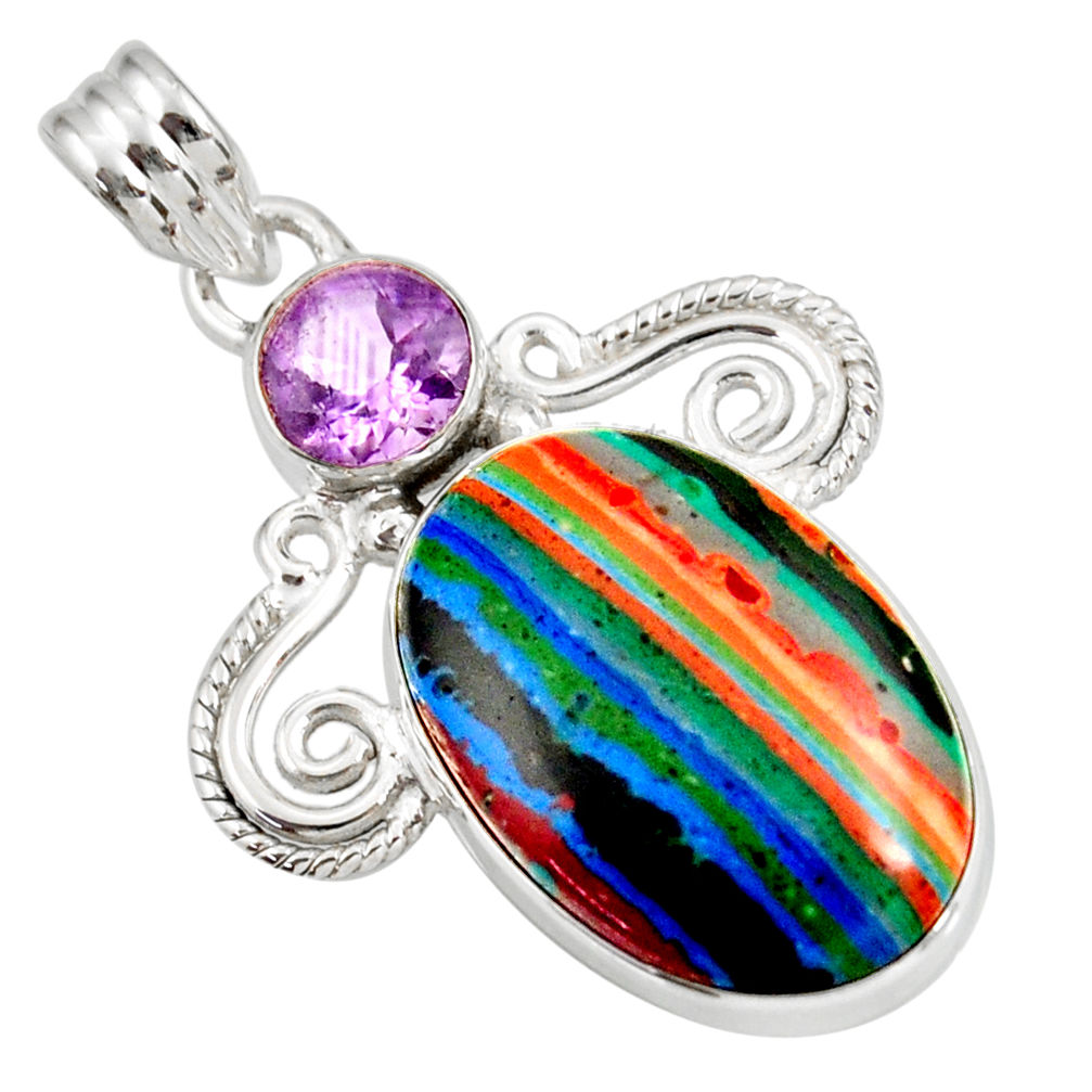  multi color rainbow calsilica amethyst silver pendant d39495