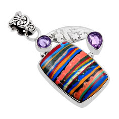 16.85cts natural multi color rainbow calsilica amethyst silver pendant n25189