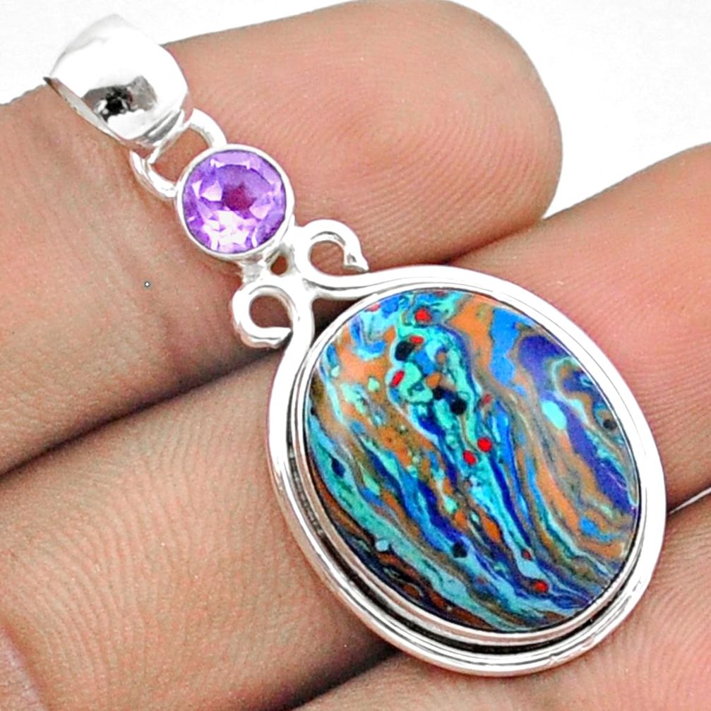 13.66cts natural multi color rainbow calsilica amethyst silver geometric pendant u18123