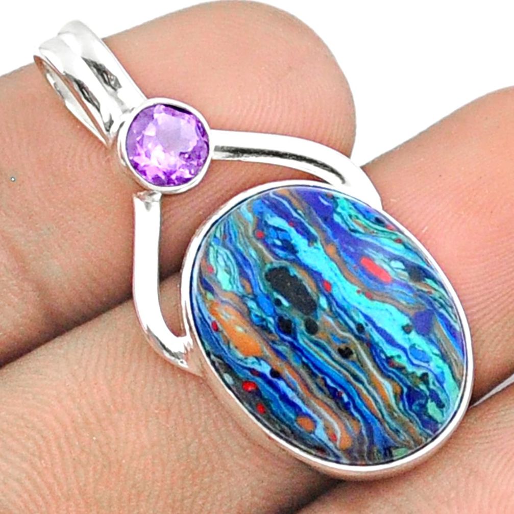 13.15cts natural multi color rainbow calsilica amethyst silver geometric pendant u18129