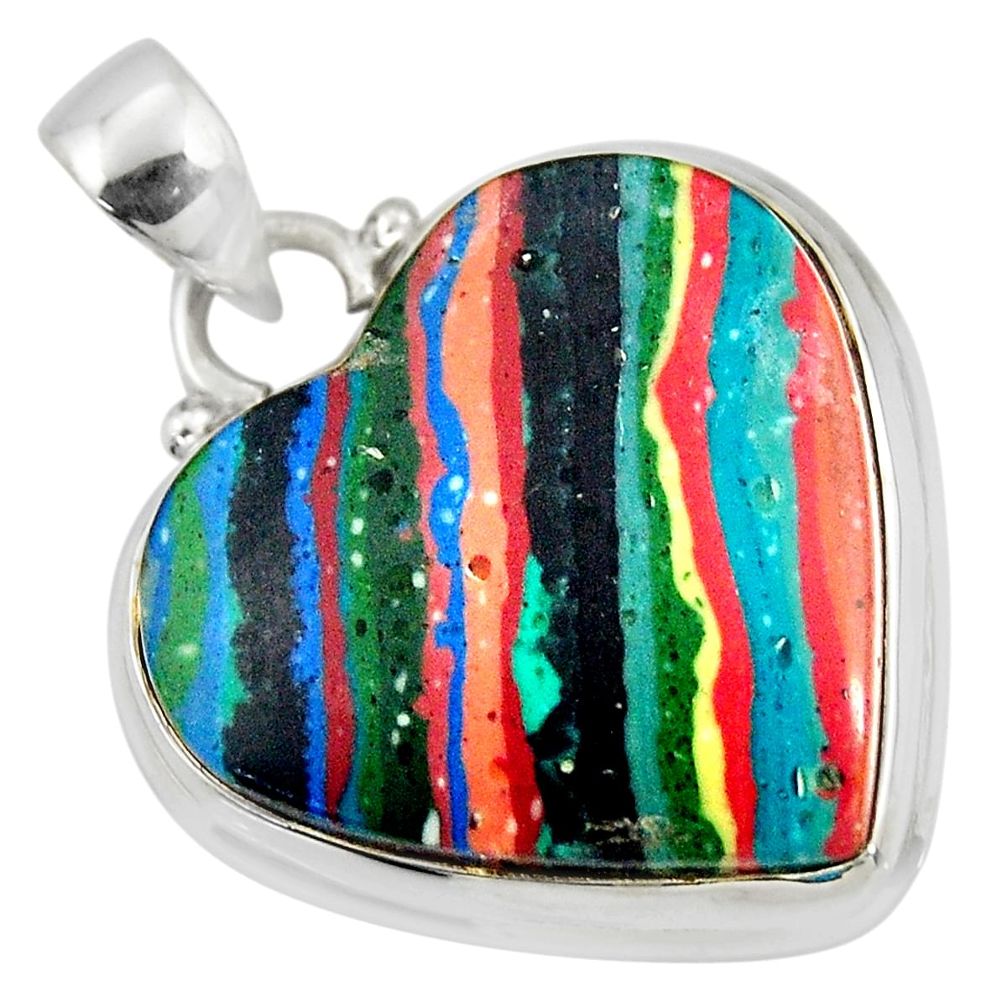 18.15cts natural multi color rainbow calsilica heart 925 silver pendant r51165