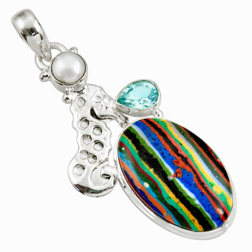  multi color rainbow calsilica silver seahorse pendant d39485