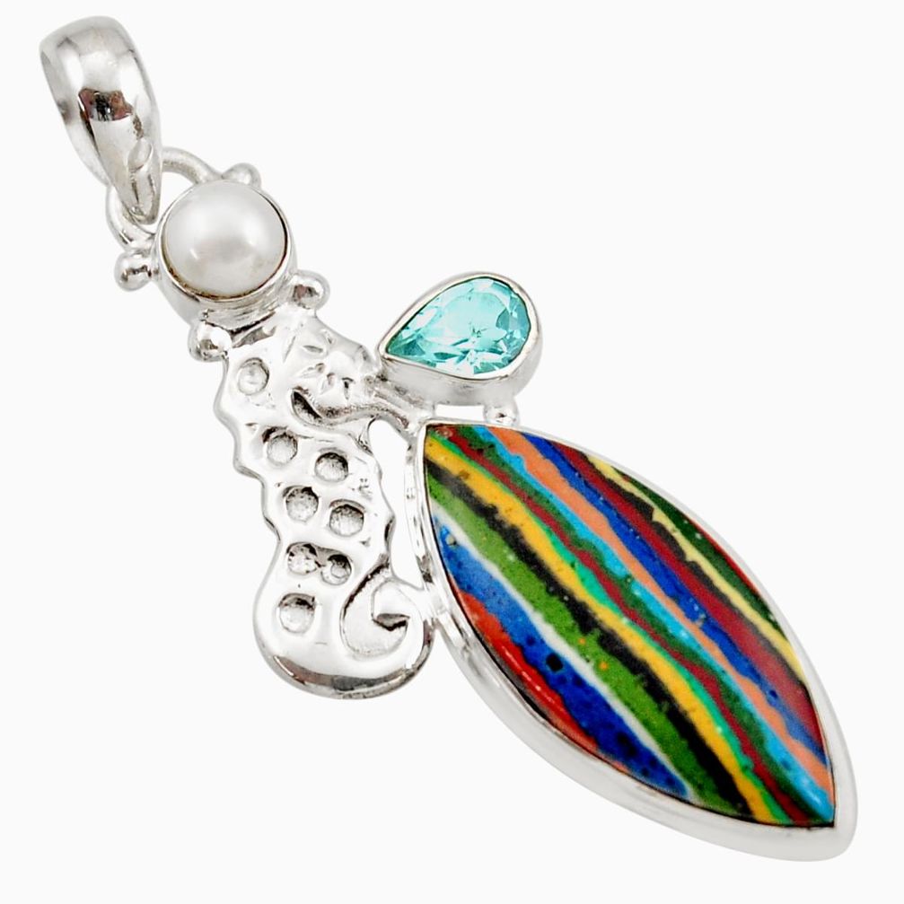 16.85cts natural multi color rainbow calsilica silver seahorse pendant d42301