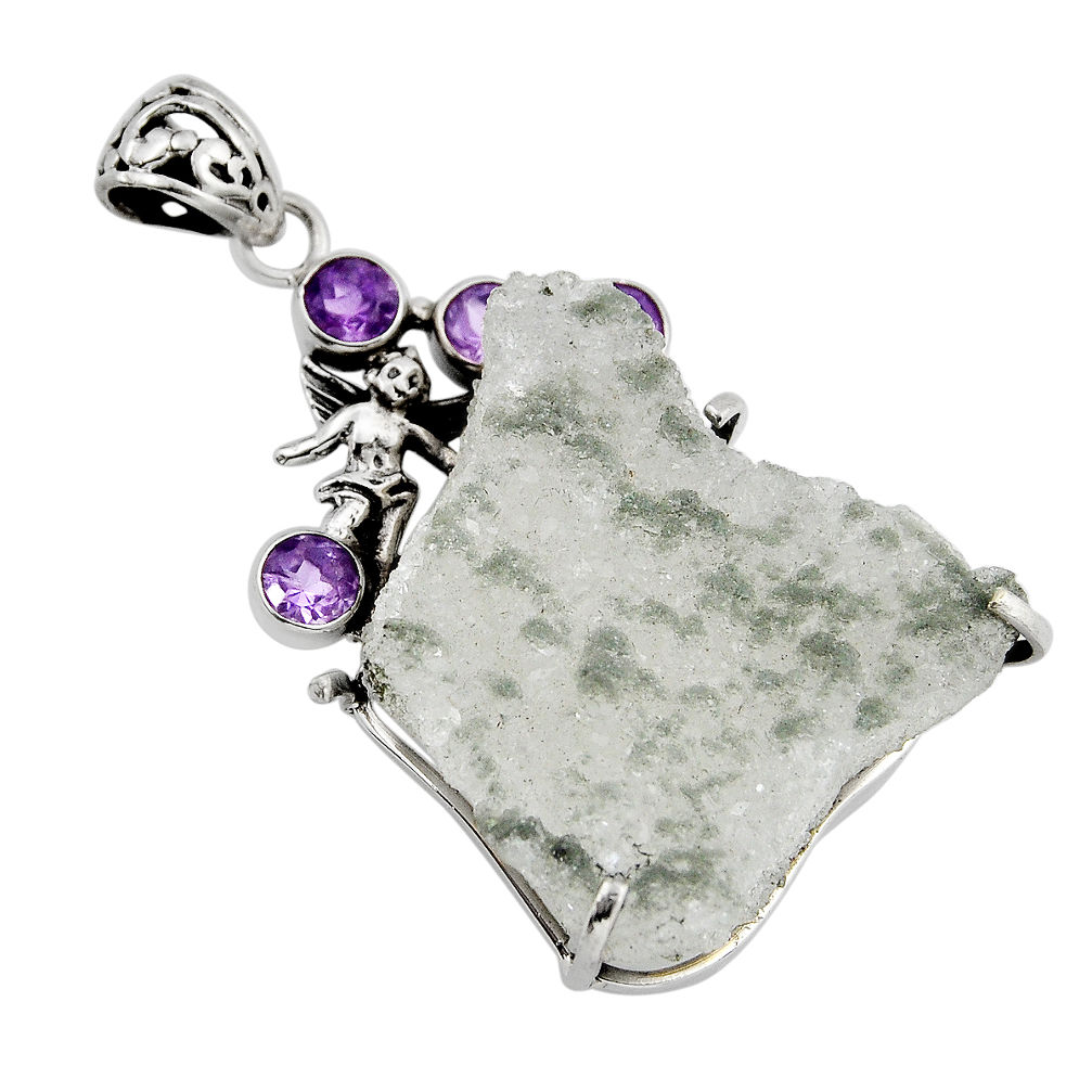 48.40cts natural multi color sunshine druzy amethyst silver angel pendant y53392