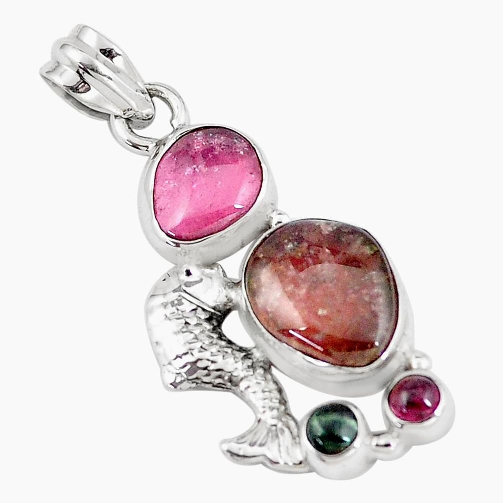  multi color tourmaline 925 sterling silver fish pendant p6411