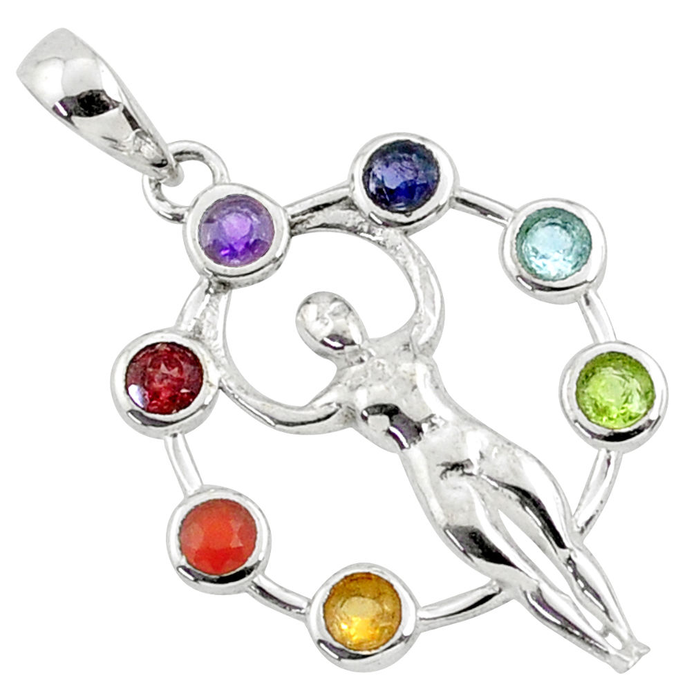 Natural multi-gems goddess circle of life silver chakra pendant r65267