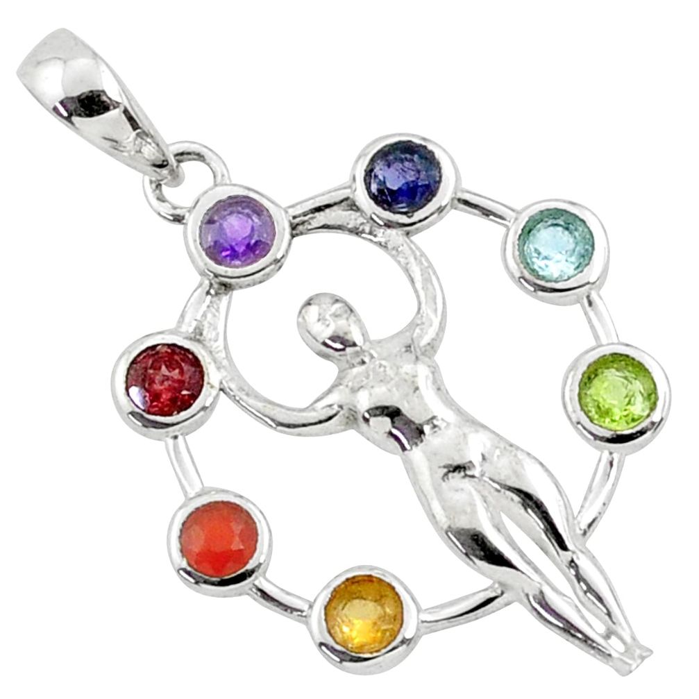 Natural multi-gems goddess circle of life silver chakra pendant r65270