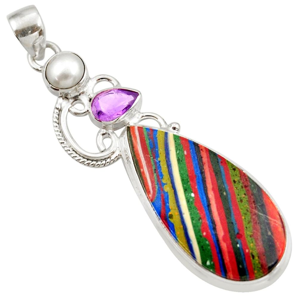 22.59cts natural multicolor rainbow calsilica amethyst 925 silver pendant d42309