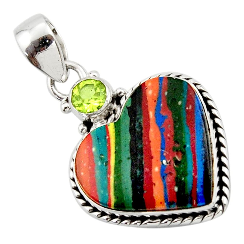 12.72cts natural multicolor rainbow calsilica peridot heartsilver pendant r43973