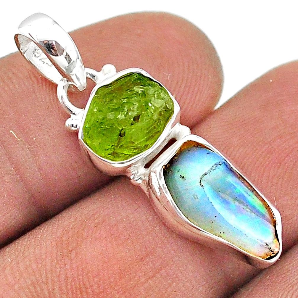 8.00cts natural multiolor ethiopian opal peridot rough silver pendant t70187