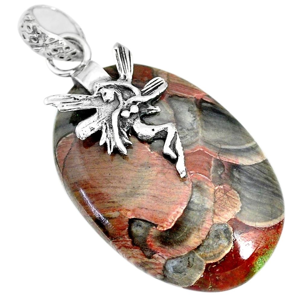 25.18cts natural mushroom rhyolite 925 silver angel wings fairy pendant r91394