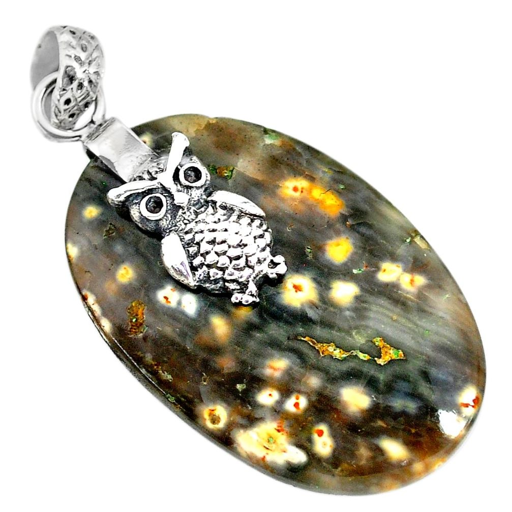 24.38cts natural ocean sea jasper (madagascar) 925 silver owl pendant r91246