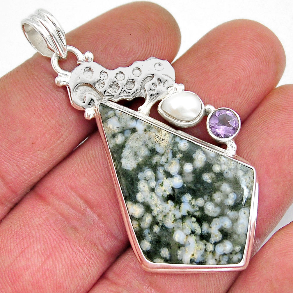 26.09cts natural ocean sea jasper amethyst pearl silver seahorse pendant y21173