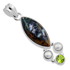 13.41cts natural ocean sea jasper marquise peridot pearl silver pendant n25259