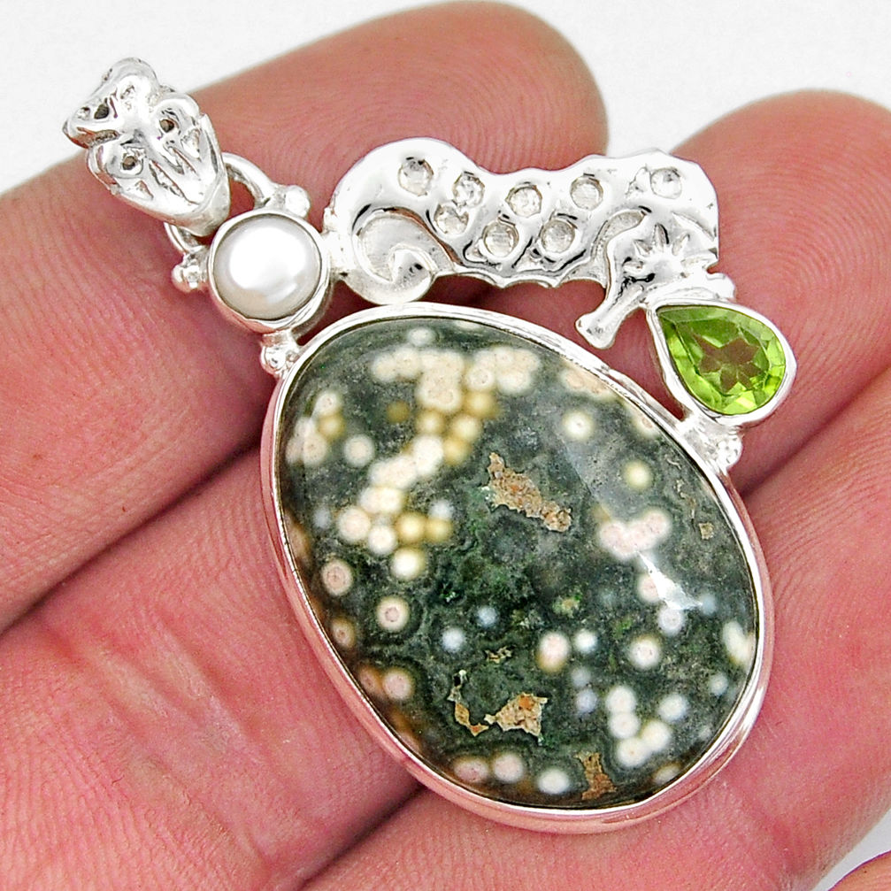 29.19cts natural ocean sea jasper peridot pearl silver seahorse pendant y21326