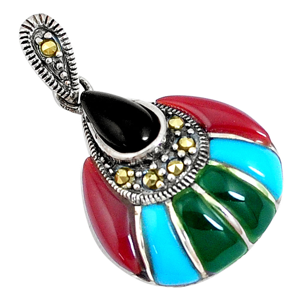 5.54cts natural black onyx sleeping beauty turquoise 925 silver pendant c16711