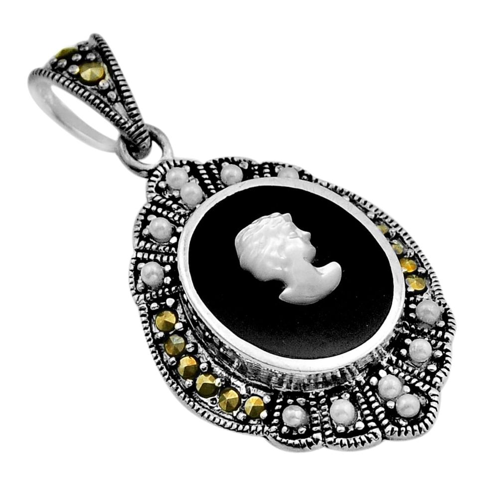 6.75cts natural opal cameo on black onyx marcasite 925 silver pendant y83770