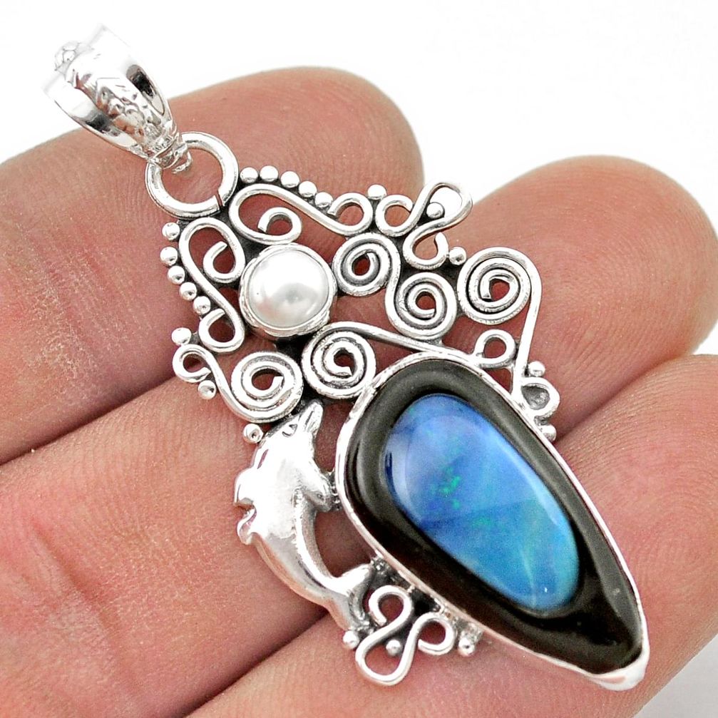 11.25cts natural opal cameo on black onyx pearl silver dolphin pendant d48433