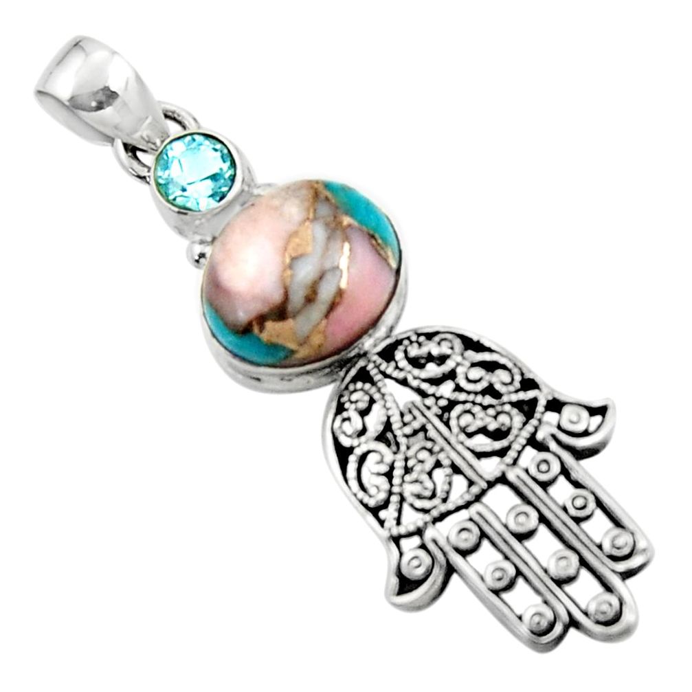 6.28cts natural opal in turquoise 925 silver hand of god hamsa pendant r52786
