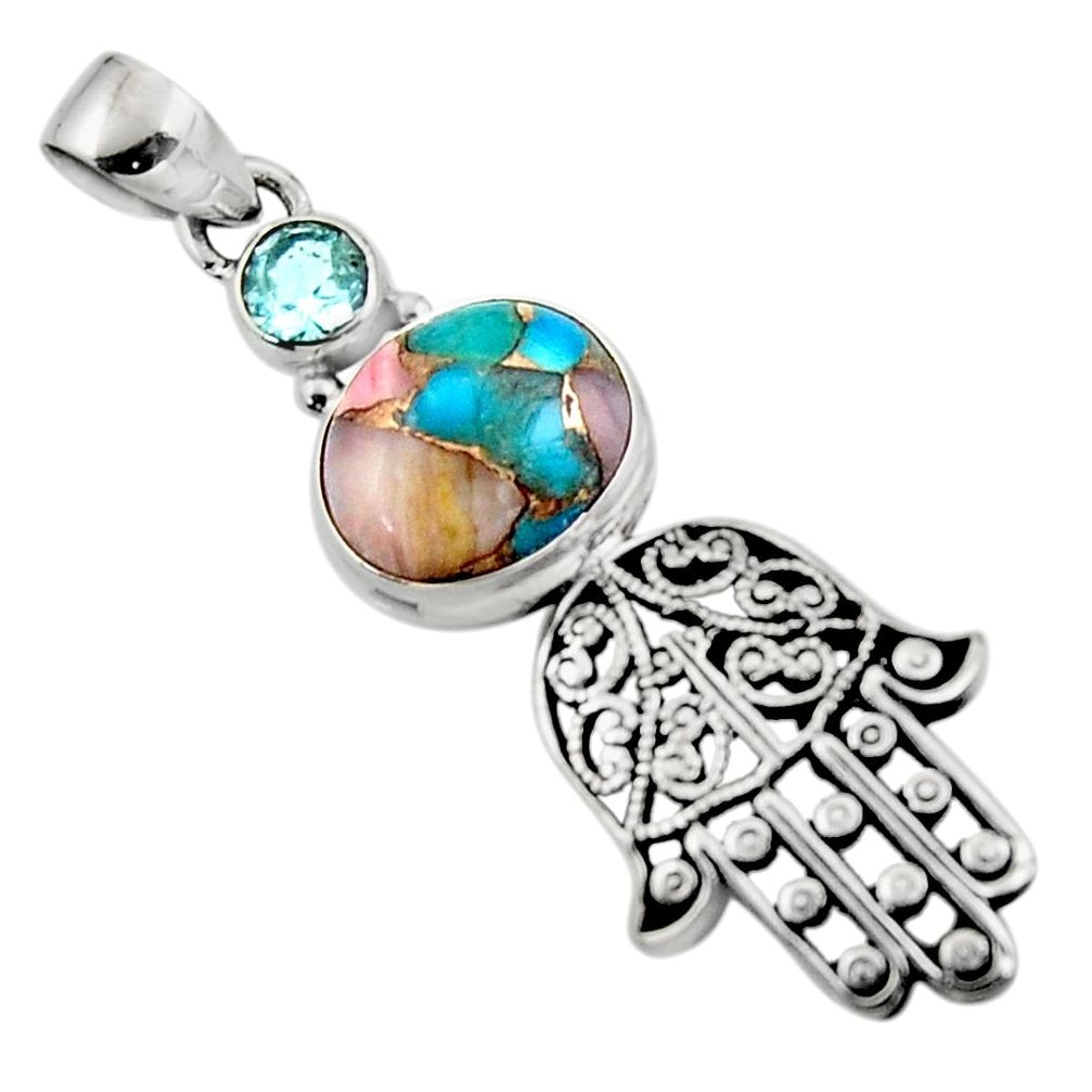 5.99cts natural opal in turquoise 925 silver hand of god hamsa pendant r52833