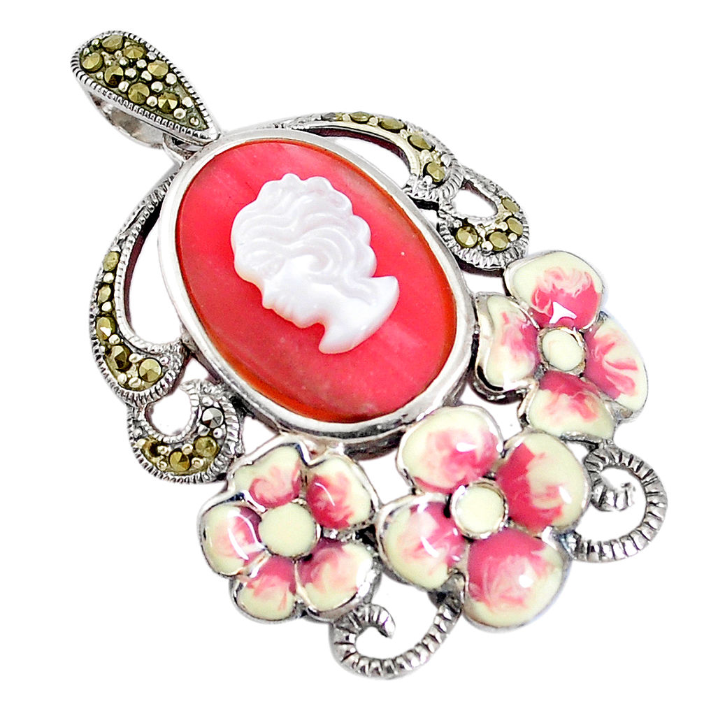 10.18cts natural pink opal pearl enamel 925 silver lady face pendant c16675