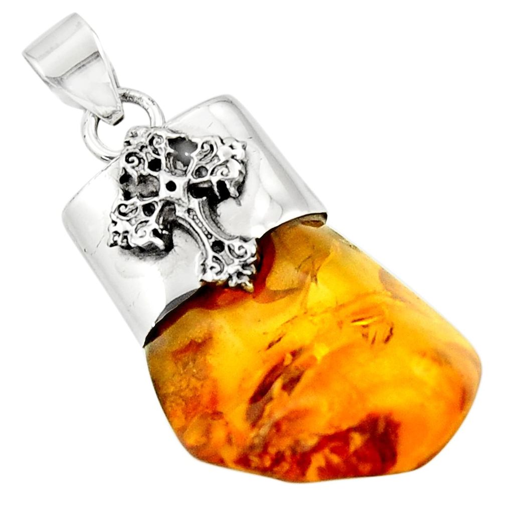 15.85cts natural orange baltic amber (poland) 925 silver cross pendant r51608