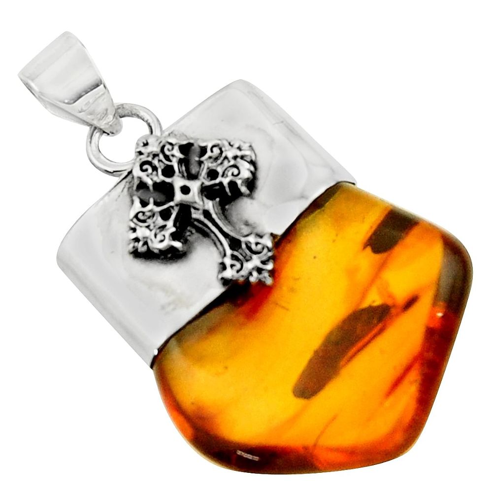 17.20cts natural orange baltic amber (poland) 925 silver cross pendant r51639