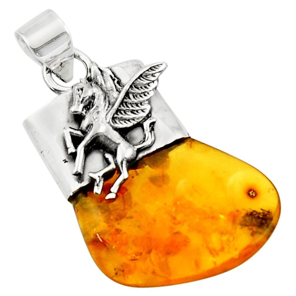 12.10cts natural orange baltic amber (poland) 925 silver unicorn pendant r51634