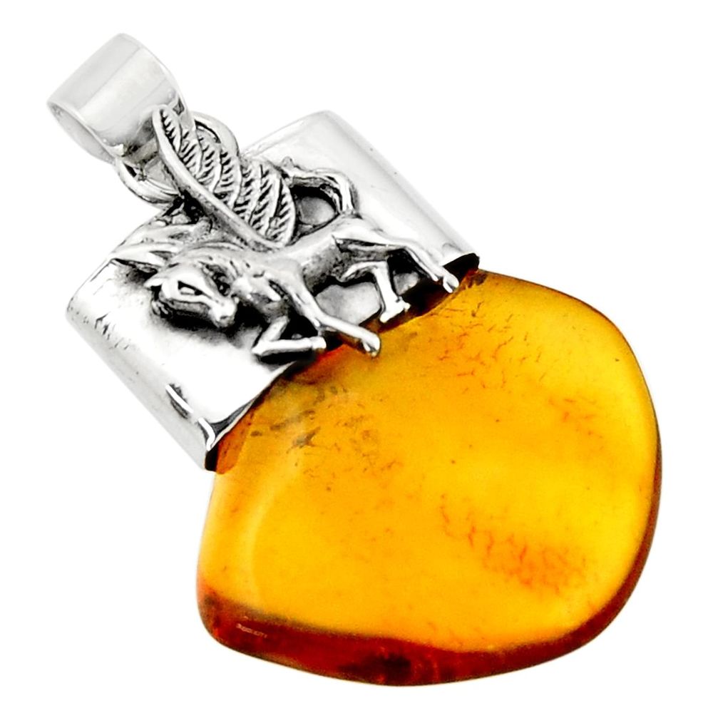 14.90cts natural orange baltic amber (poland) 925 silver unicorn pendant r51637