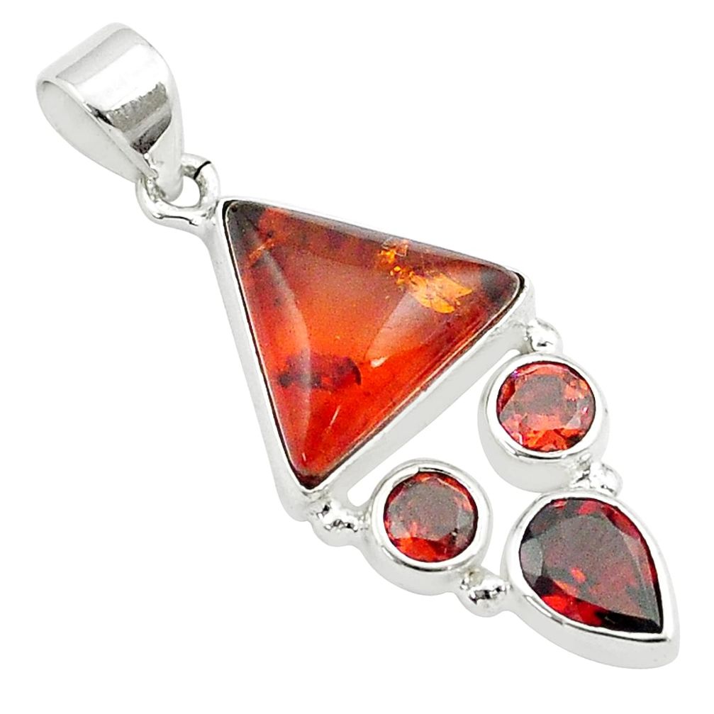 6.80cts natural orange baltic amber (poland) red garnet silver pendant u17083