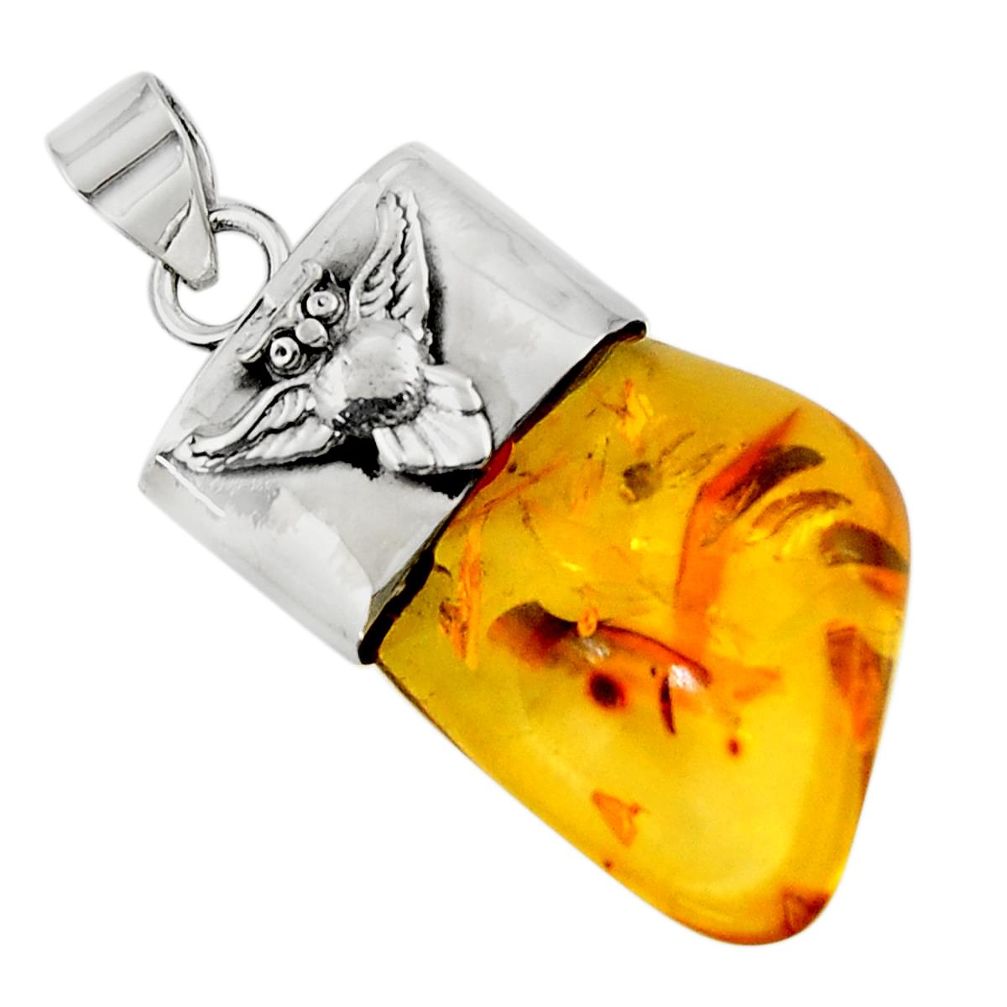 14.40cts natural orange baltic amber (poland) sterling silver owl pendant r51602