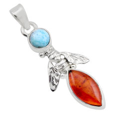 4.89cts natural orange baltic amber larimar 925 silver honey bee pendant y86365